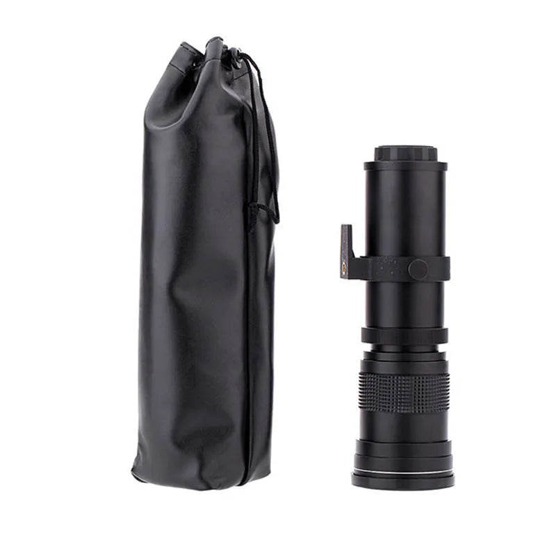 420-800mm manual telephoto zoom camera lens with T-mount adapter, shown at full extension.
