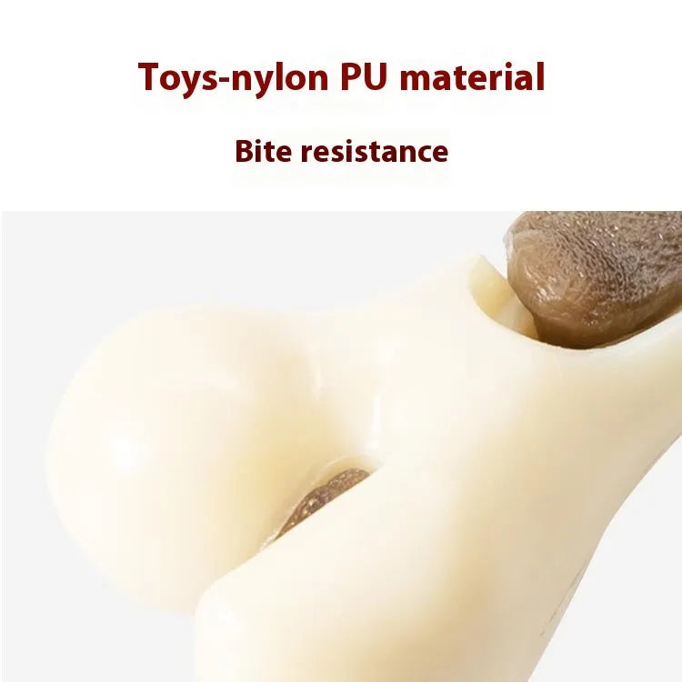 Cowhide and nylon bone grinding rod dog chew toy shown in two sizes.