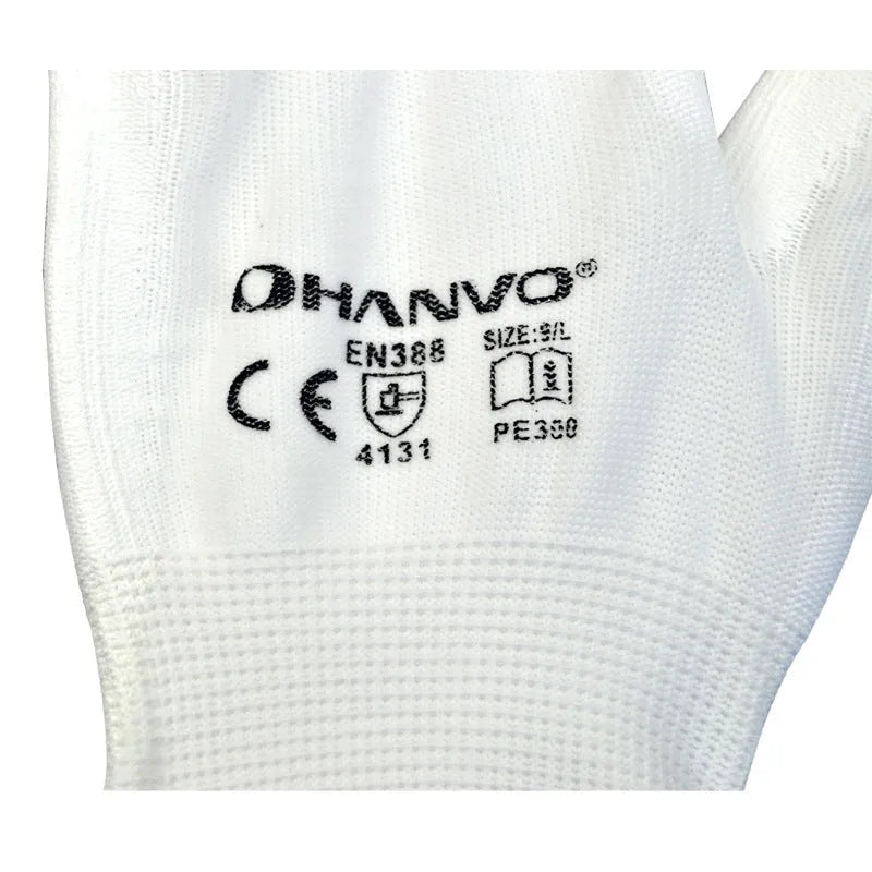 White PU coated labour gloves showing the long 24 cm cuff, available in M and L sizes.