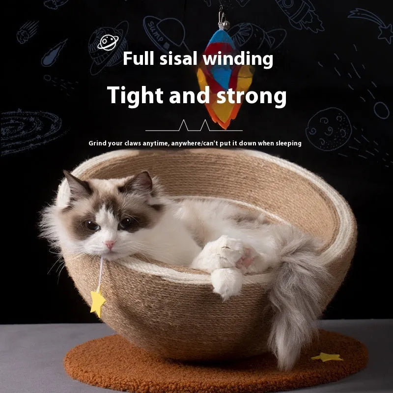 Large integrated cat scratching post and flannel bed in Starlight Sisal Nest colour