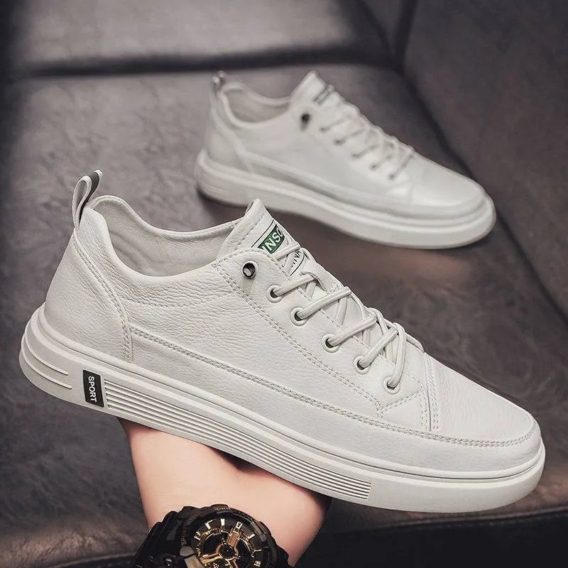 Men's white casual summer shoes with round toe and low heel design