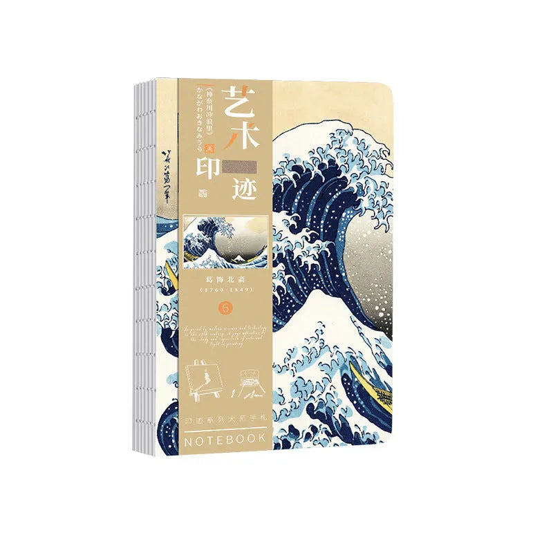 Ukiyo-e series hand ledger notebook with Kanagawa surfing village cover, 13.2 x 18.3 cm, open to show 100g Daolin paper.