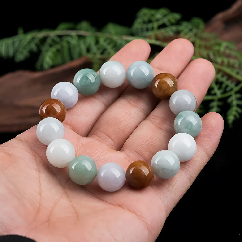 Women's natural Myanmar jade three-color bracelet with 13mm round beads and certificate