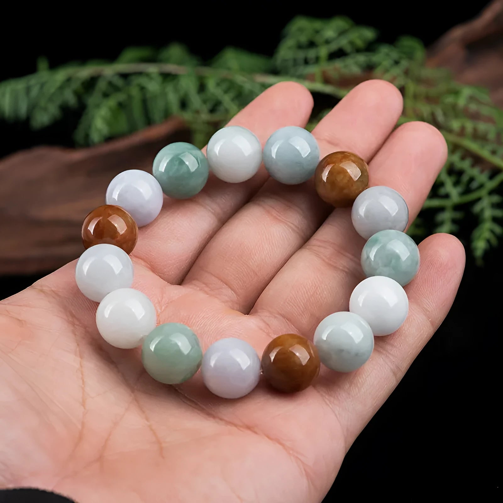 Women's natural Myanmar jade three-color bracelet with 13mm round beads and certificate
