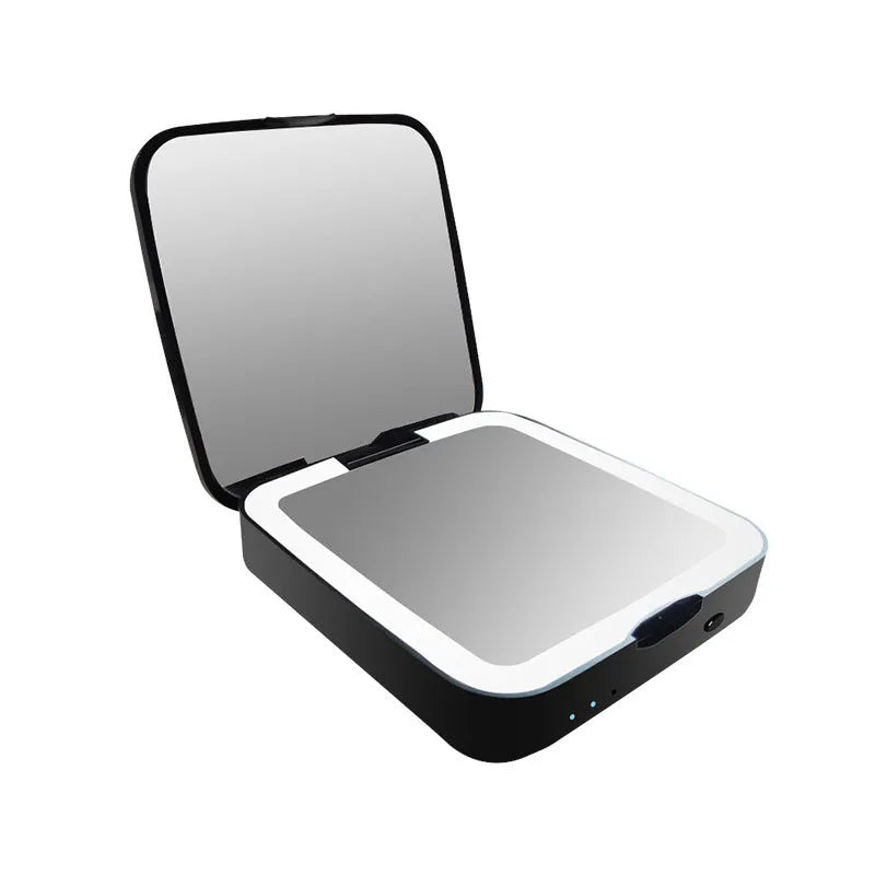 Dual-sided makeup mirror showing 4x magnification side and adjustable lighting controls in black finish