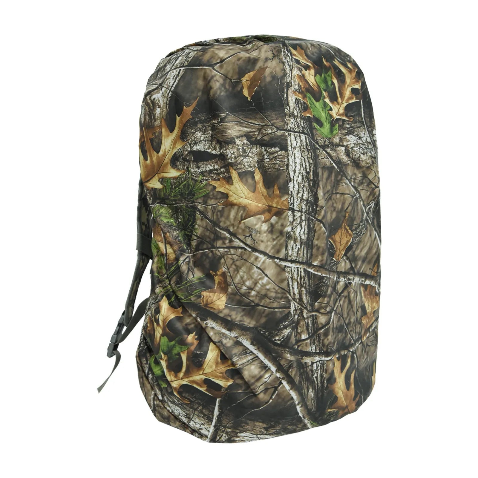 Army green waterproof rain cover for a large 80 litre backpack on a hiking trail.