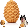 Yellow pine cone shaped dog chew toy with textures and a treat dispenser hole.