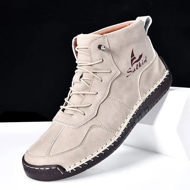 Retro high-top casual leather boots with frosted finish and round toe in beige