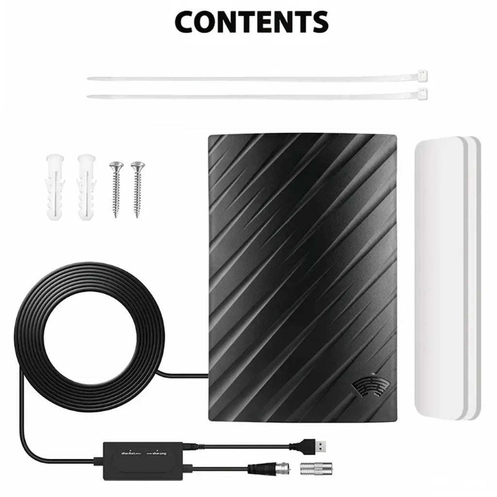 Black plastic HD digital television antenna with mounting accessories including expansion tubes and screws