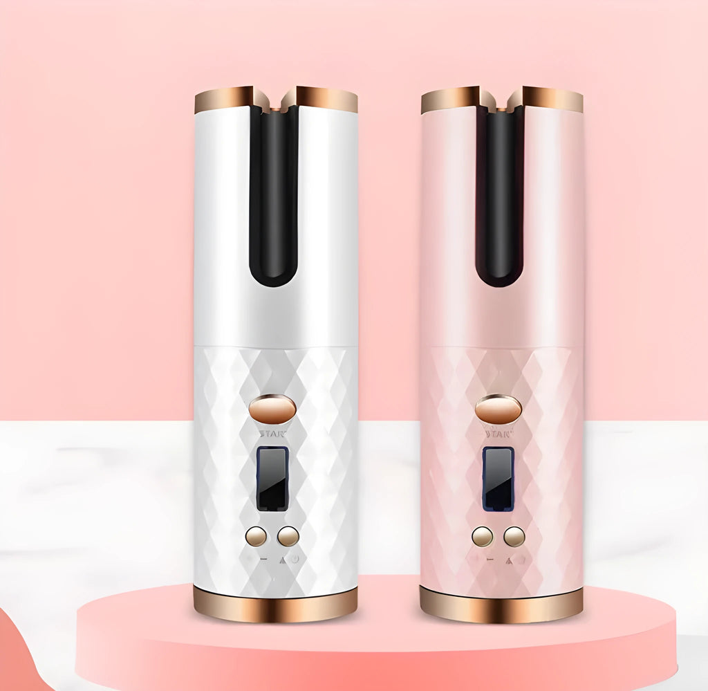A white portable mini curling iron with a gold ceramic barrel, shown with a USB charging cable.