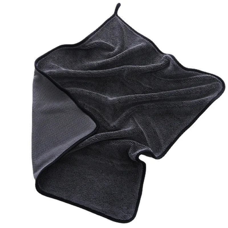 Microfibre automobile cleaning cloth car wash towel with spiral hair and hemmed edge, grey black edge, multi-size option