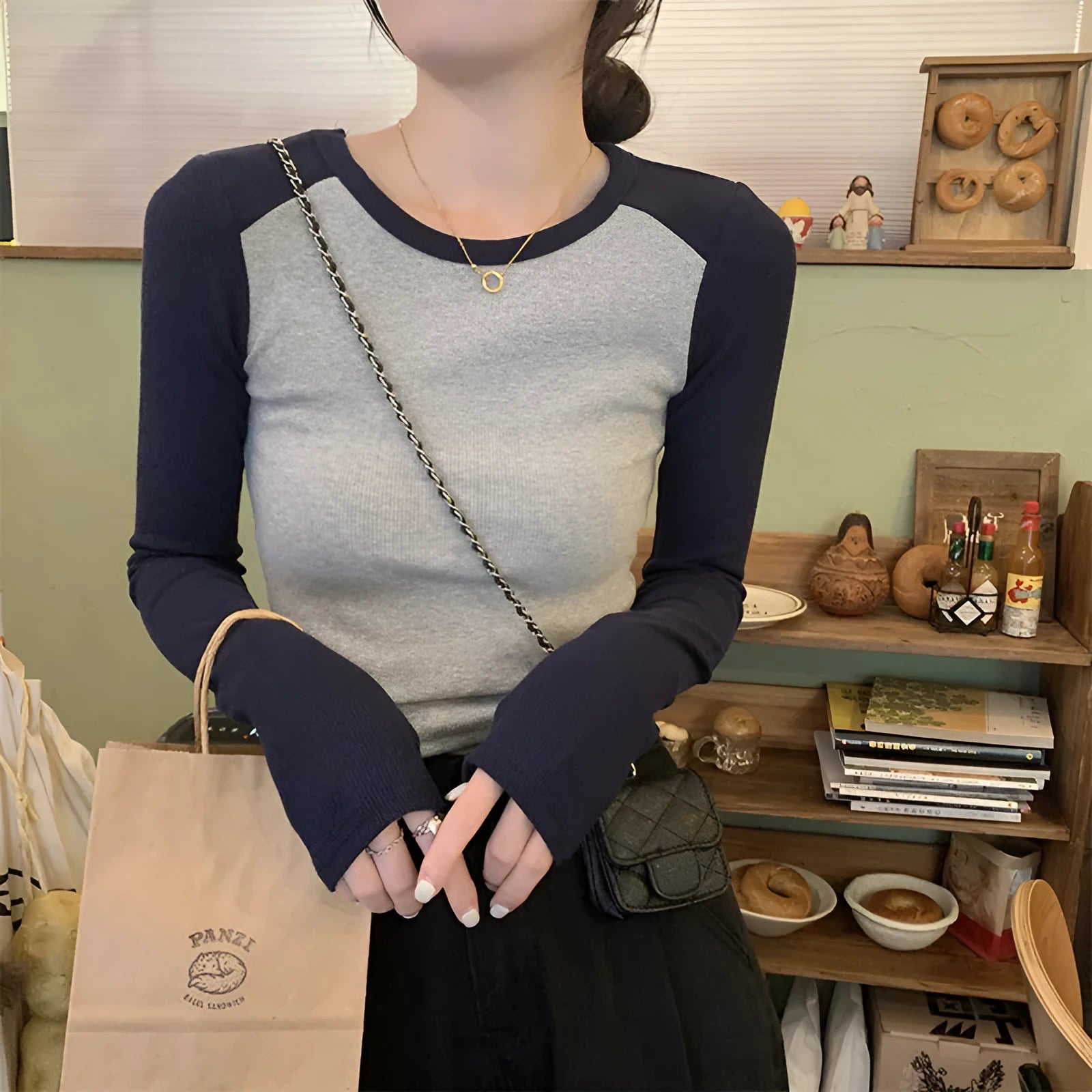 Women's slim fit viscose top in dark blue with embroidery detailing and princess sleeves