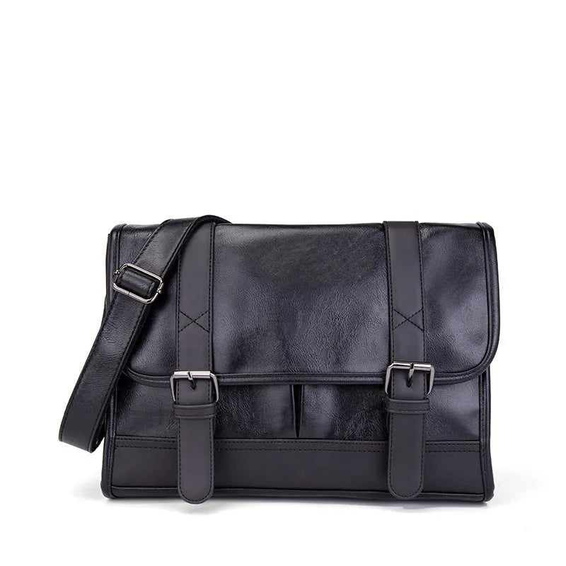 Black Korean-style men's anti-theft commuter backpack with waterproof PU material and visible sewing thread detailing
