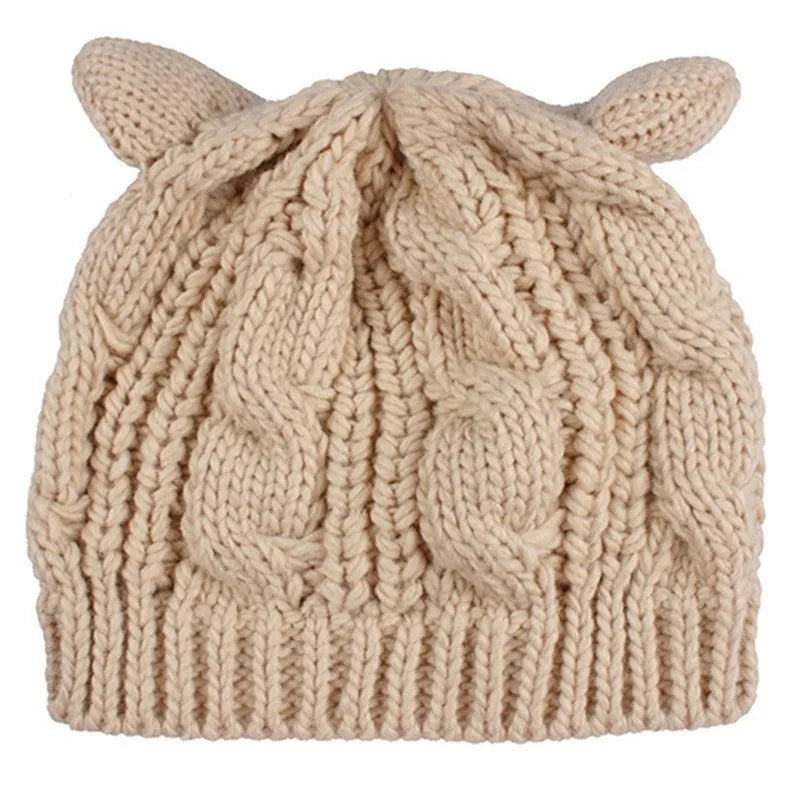 Hand-made knitted beanie hat with 3D cat ears in winter wool colours