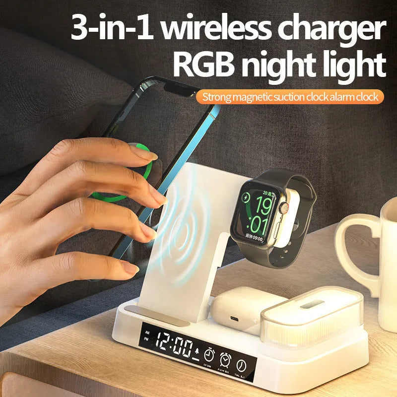 White 4 in 1 multifunction wireless charger station with foldable stand, alarm clock display, and RGB night light