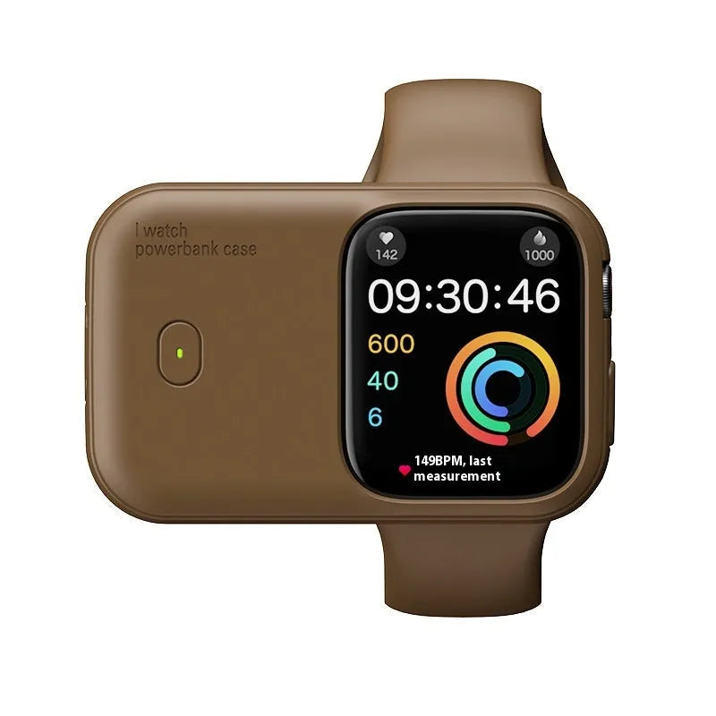 Apple Watch portable wireless charging case with silicone cover, shown next to 44mm watch