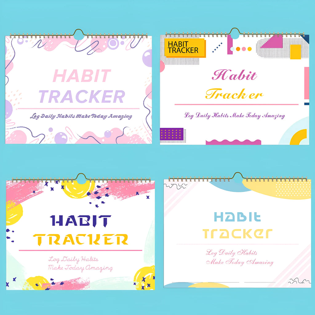 Habit tracking journal open showing internal pages with 21x28cm dimensions and coloured cover