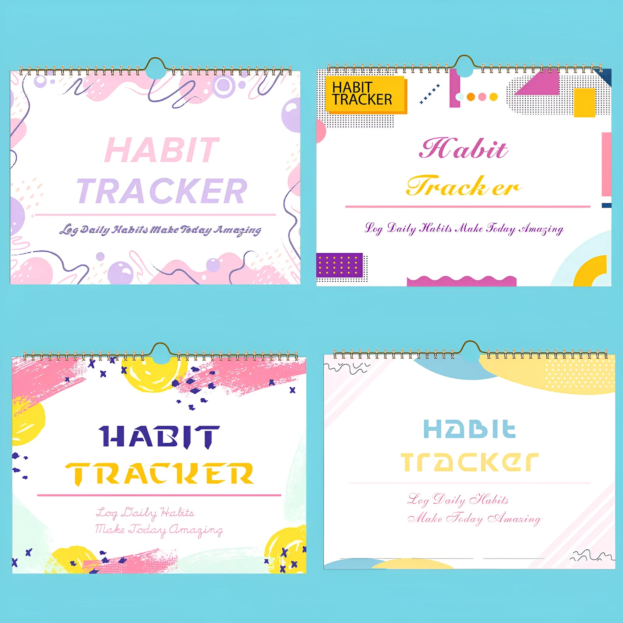 Habit tracking journal open showing internal pages with 21x28cm dimensions and coloured cover