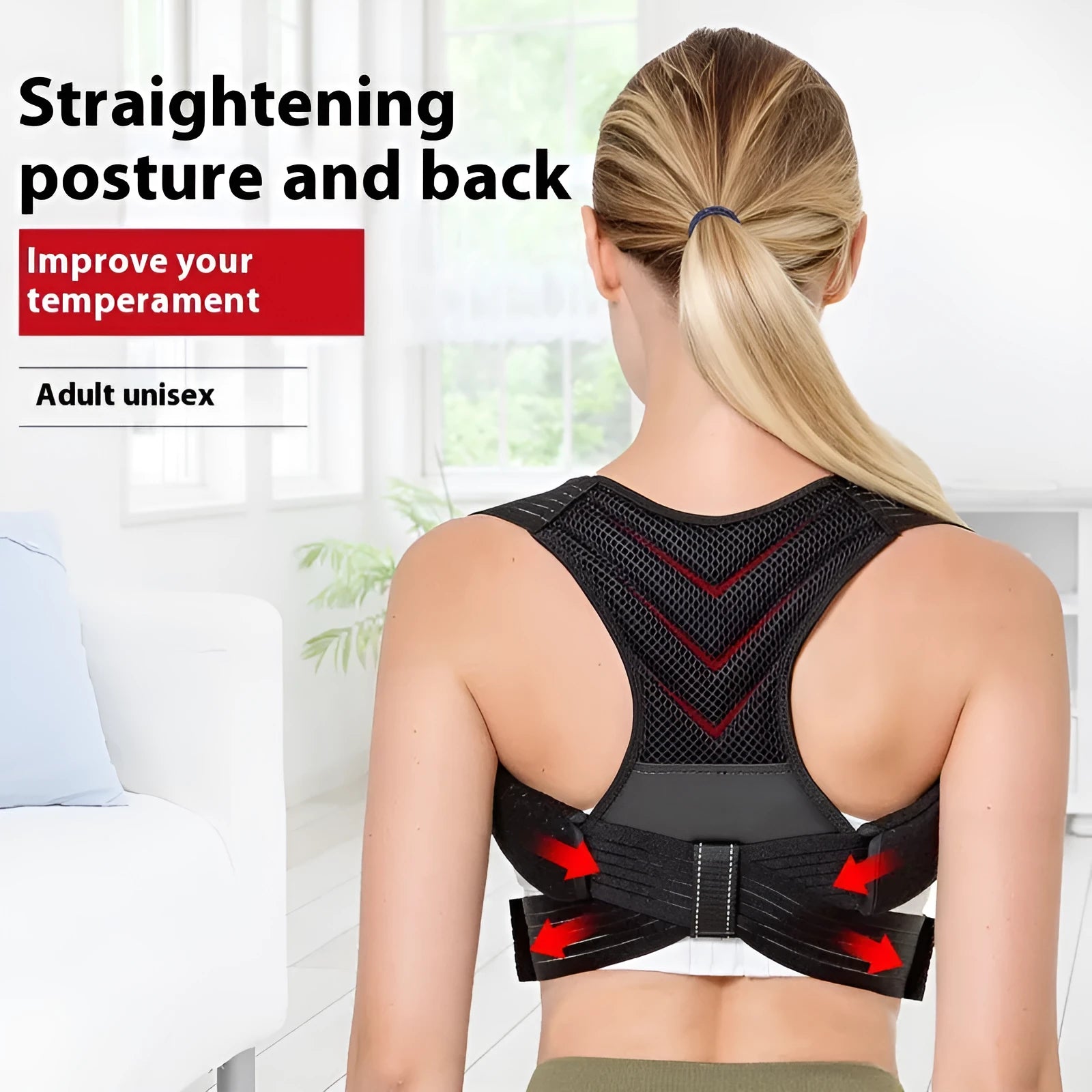 Black anti-humpback posture correction belt for back support during sports activities