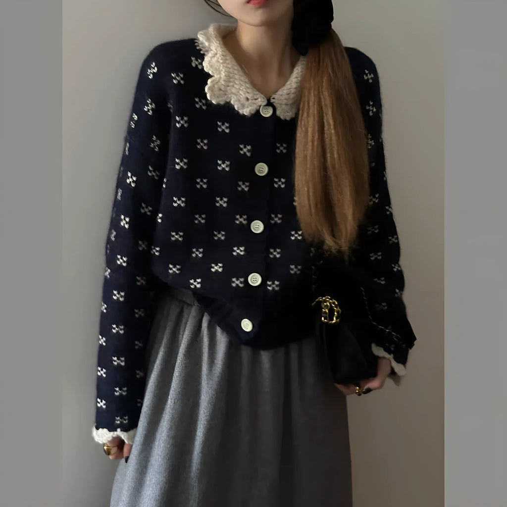 Retro floral pattern Peter Pan collar knitted cardigan coat in navy blue, apricot, or grey.