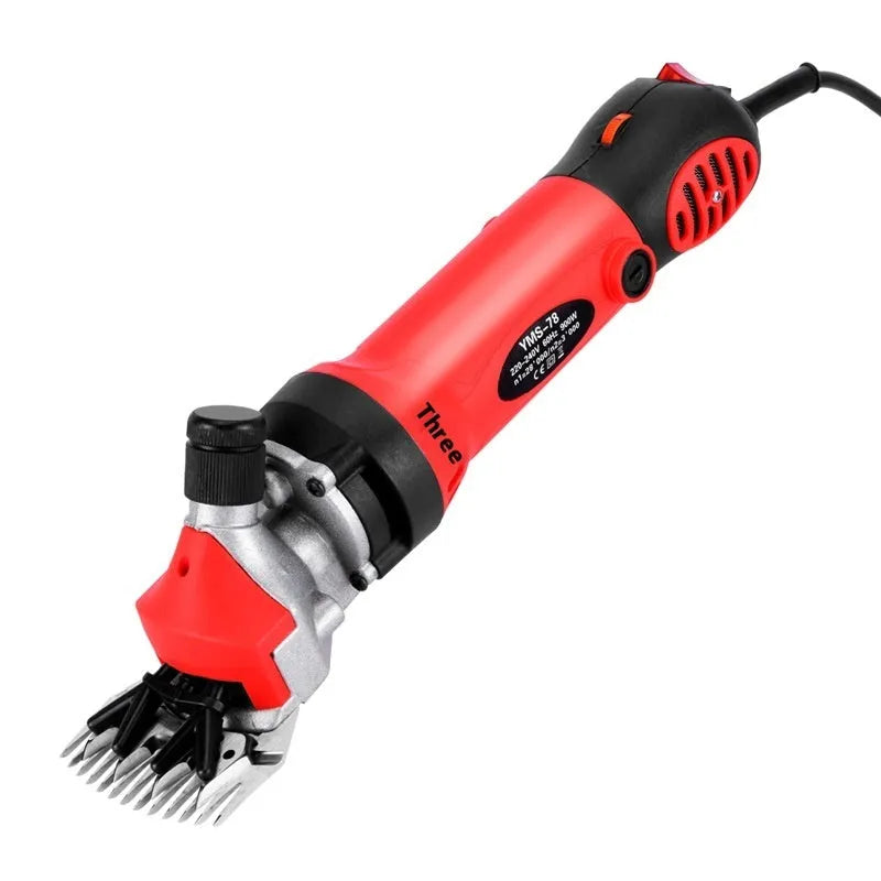 Yellow electric wool shearing machine with 13 straight teeth and complete accessory kit including multiple blade sets
