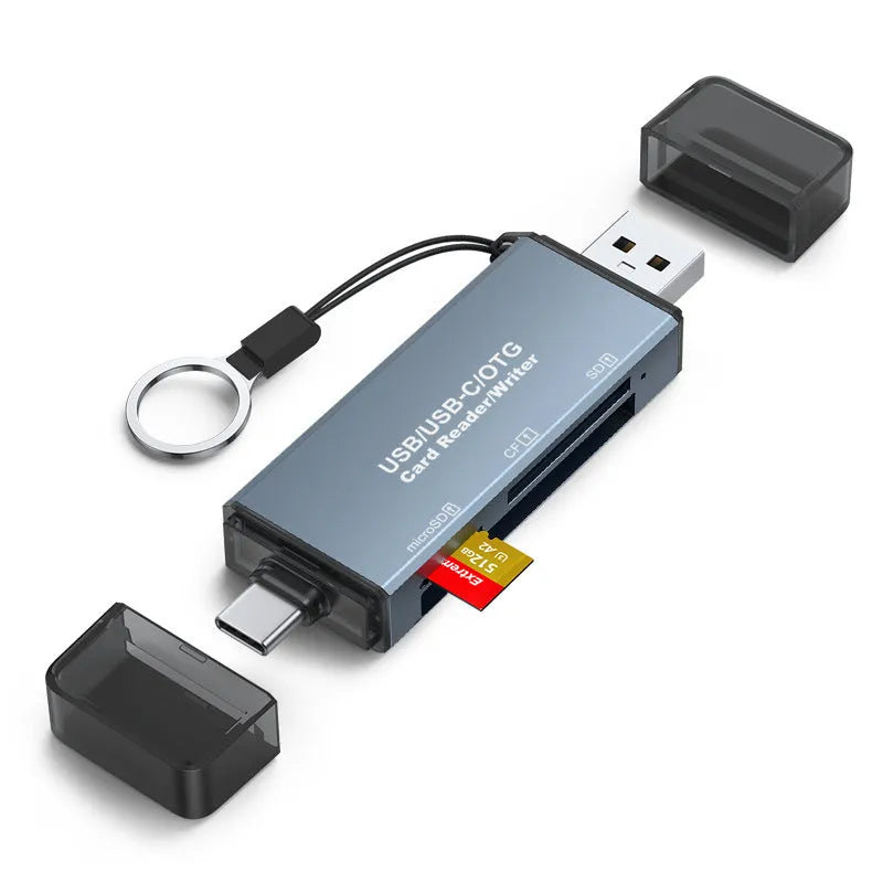 Aluminium alloy three-in-one USB card reader for CF, SD, and Micro SD/TF memory cards.