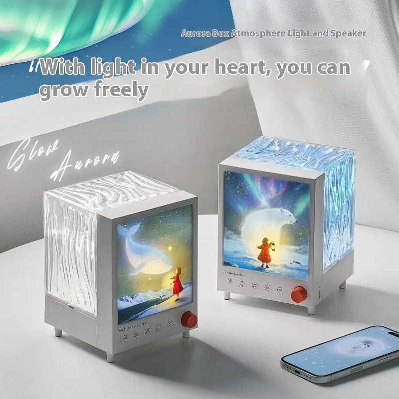 Aurora Treasure Box atmospheric projection lamp projecting Star Sea Whale light pattern on a dark wall.