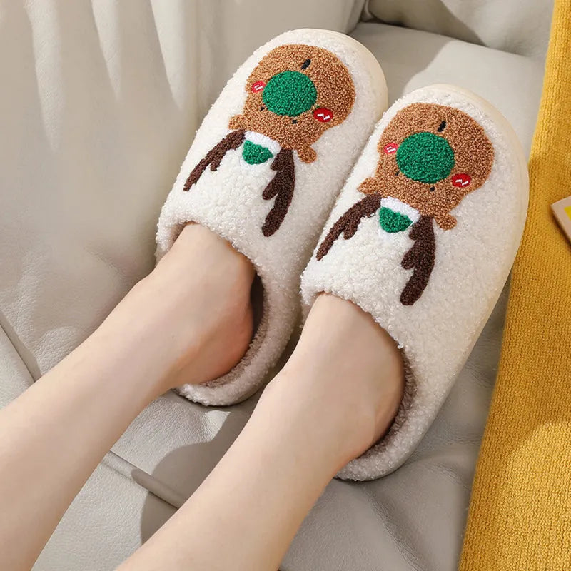 Christmas winter home slippers with elk totem design, plush upper, anti-slip sole, in red and green