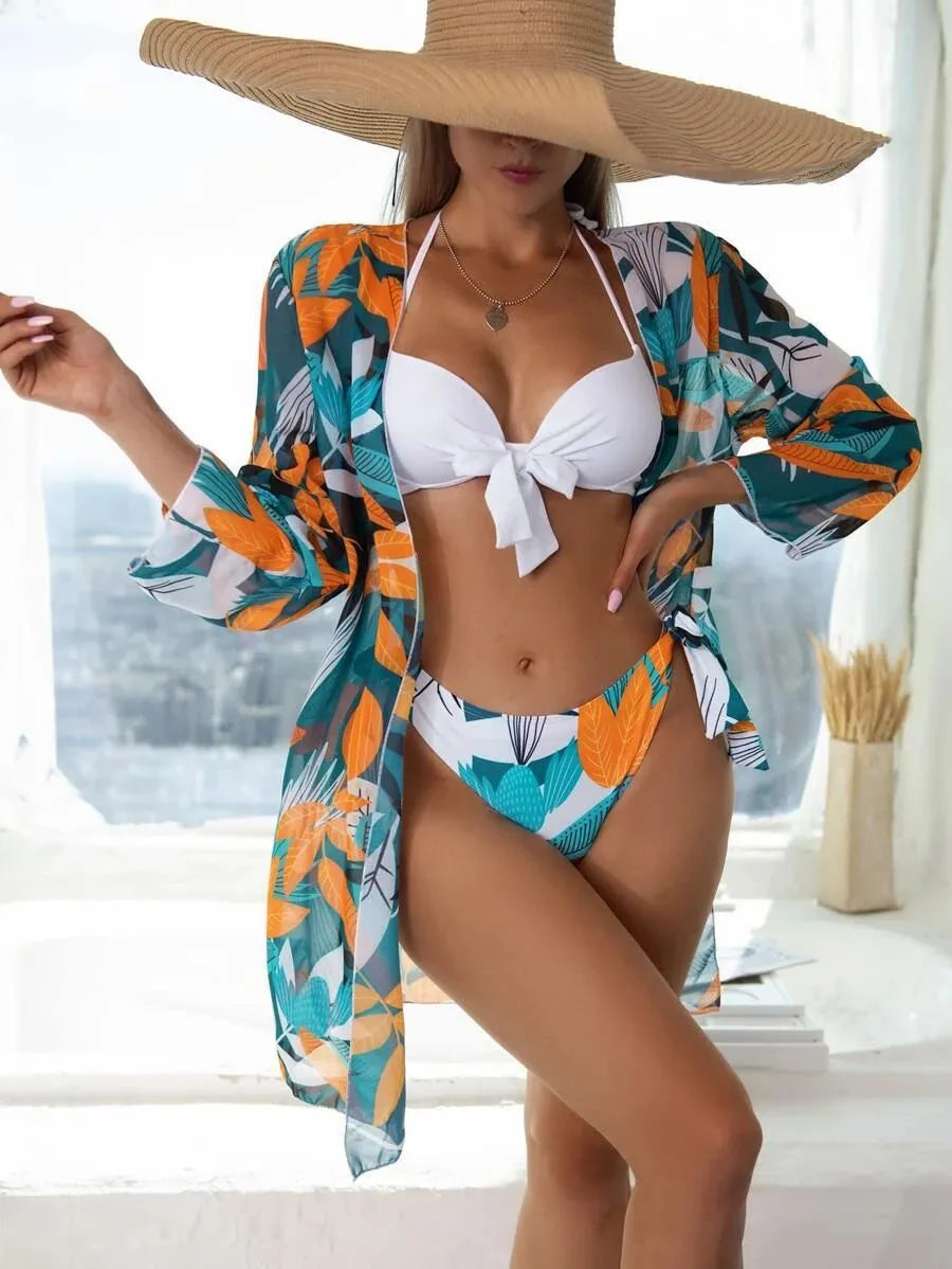 Women's three-piece mesh split bikini swimsuit with matching cover-up coat in quick-drying polyester fabric