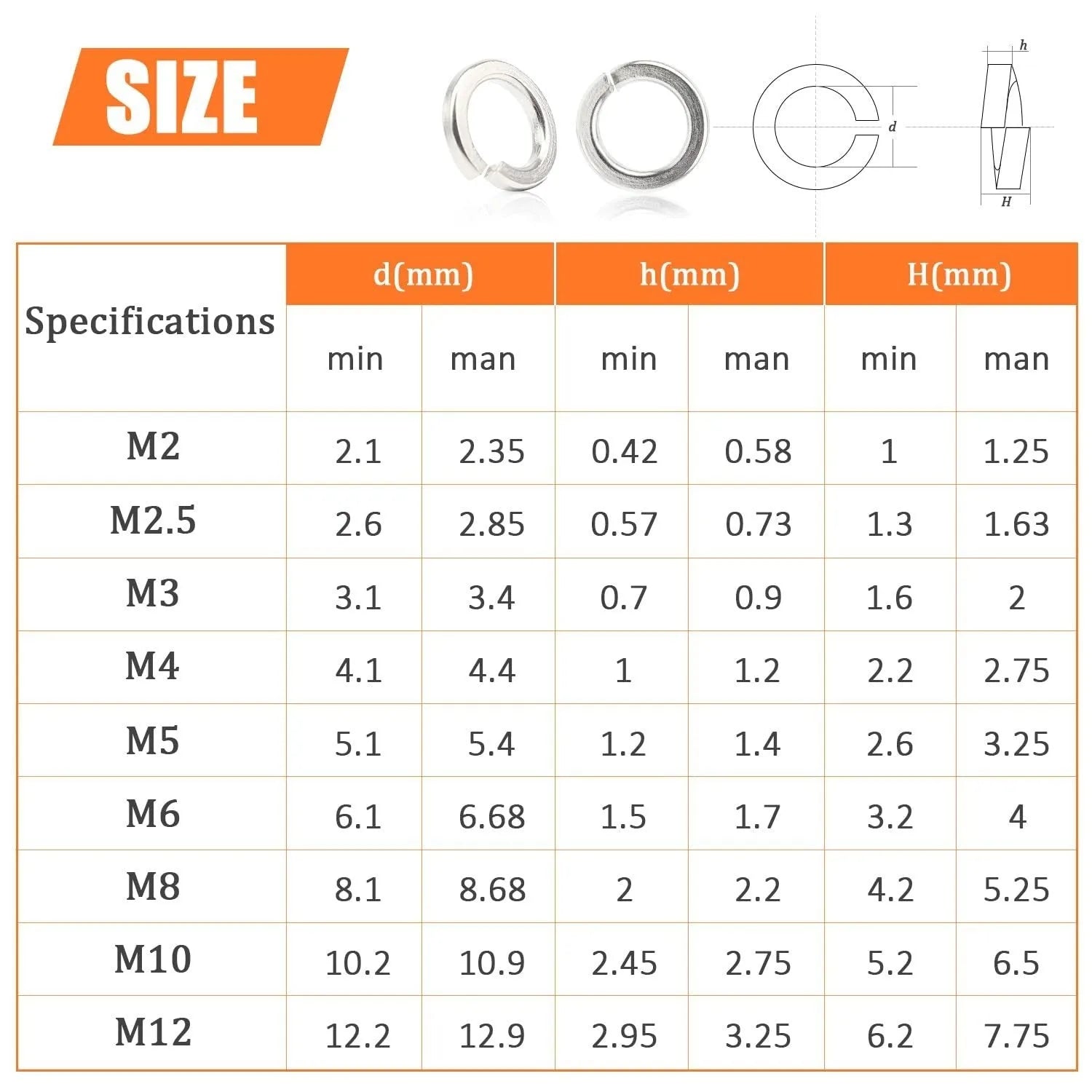 304 stainless steel spring lock washer assortment with 900 pieces in metric sizes 2mm to 12mm