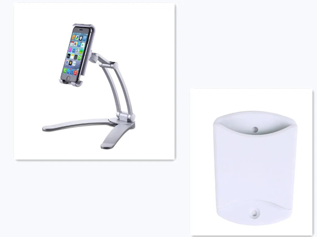 Silver aluminum desktop tablet stand with white ABS base, showing adjustable clip holding a tablet.