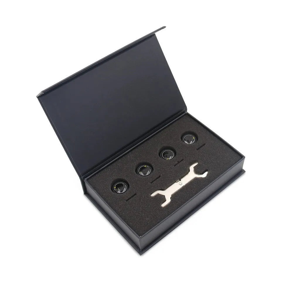 Black Bluetooth tyre pressure monitoring system with four external sensors and installation tools