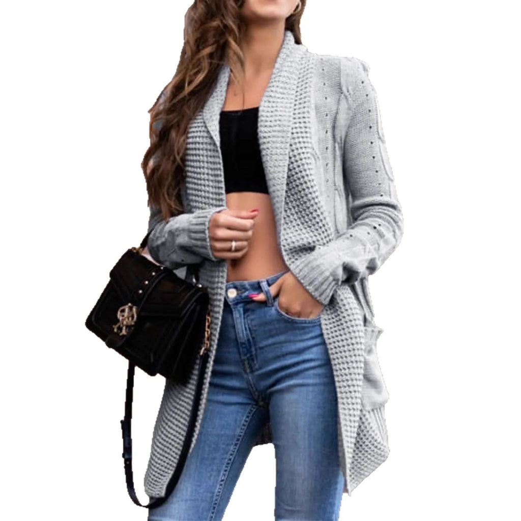 Grey women's loose-fitting cardigan coat with long sleeves and front pockets.