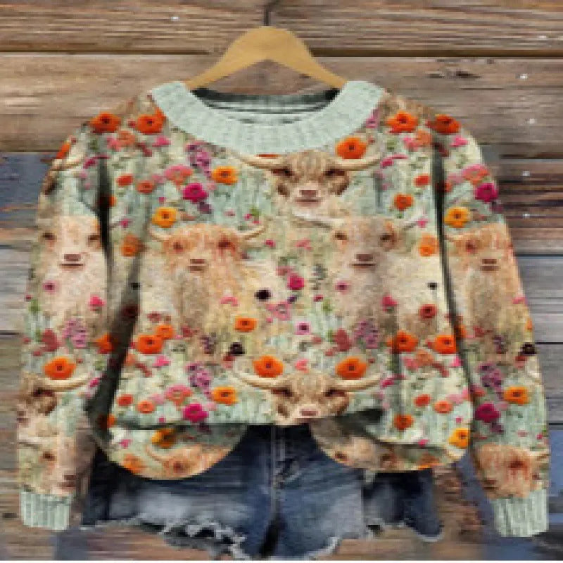 Women's digital printed floral pattern round neck sweater in polyester, shown in one of fourteen available colours.
