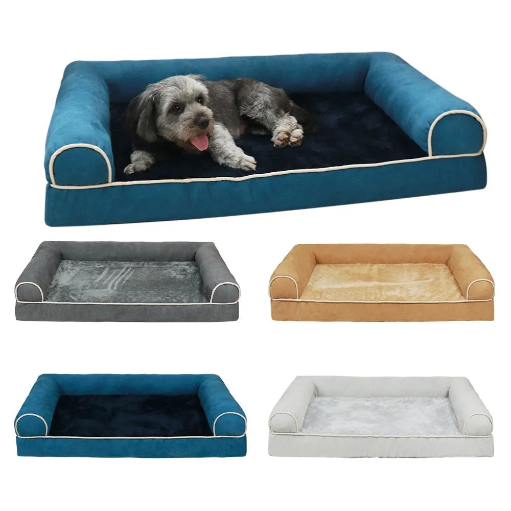 Rectangular sponge dog bed with breathable cloth cover in blue colour
