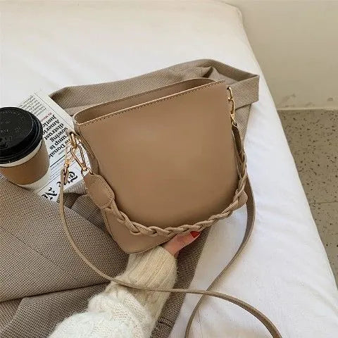 Retro woven PU leather crossbody bucket bag in khaki, black or brown colours