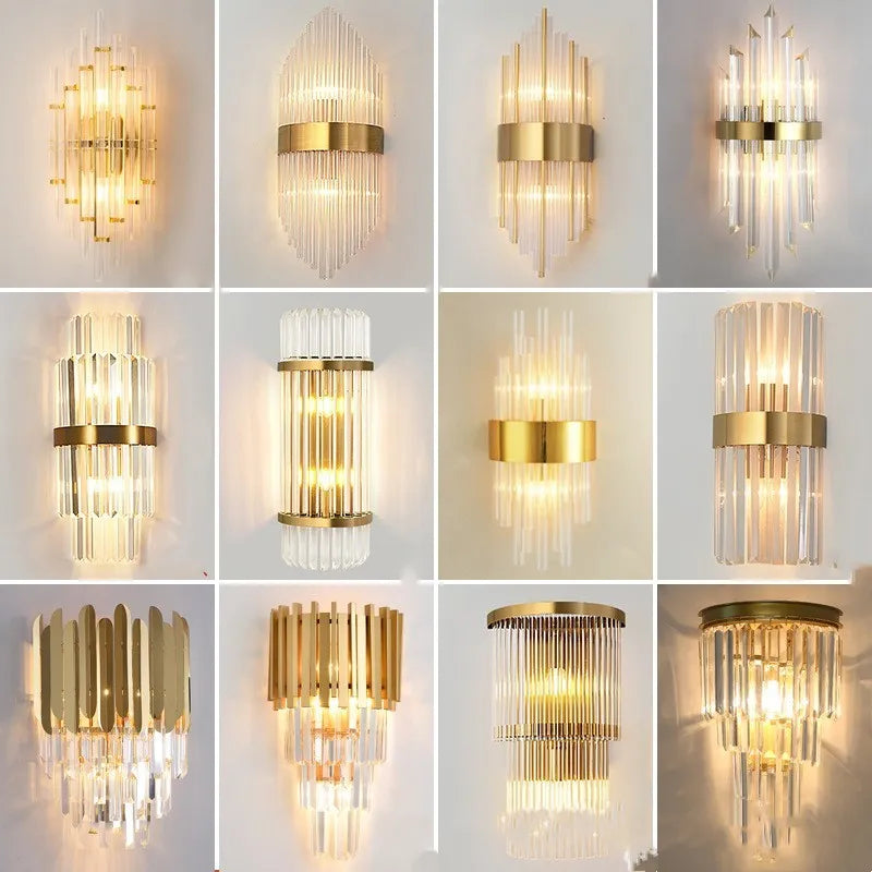 Modern crystal petal wall lamp in titanium gold finish mounted on living room wall