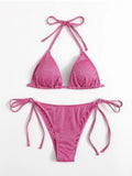 Women's split bandage bikini swimsuit in polyester fabric showing colour options and size range