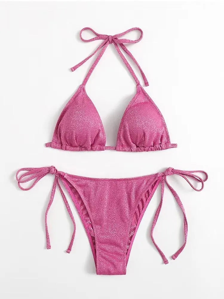 Women's split bandage bikini swimsuit in polyester fabric showing colour options and size range