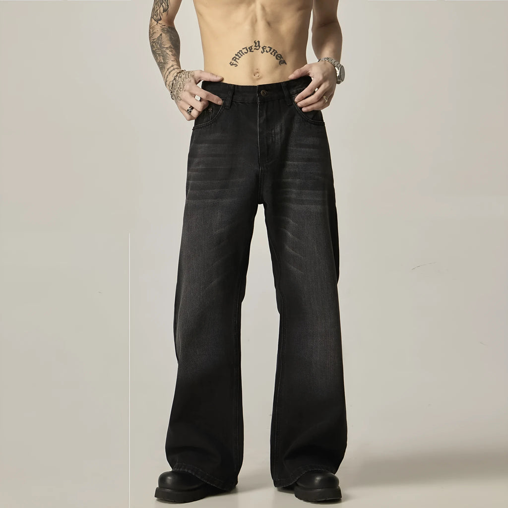 Black straight-leg jeans with American retro styling and zipper fly