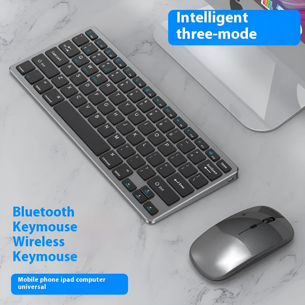 Ultra-thin wireless keyboard and mouse set in silver colour with USB receiver and protective cover.