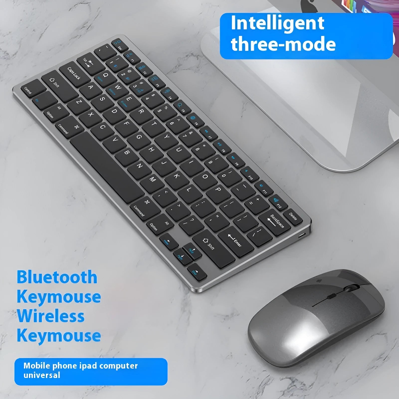 Ultra-thin wireless keyboard and mouse set in silver colour with USB receiver and protective cover.