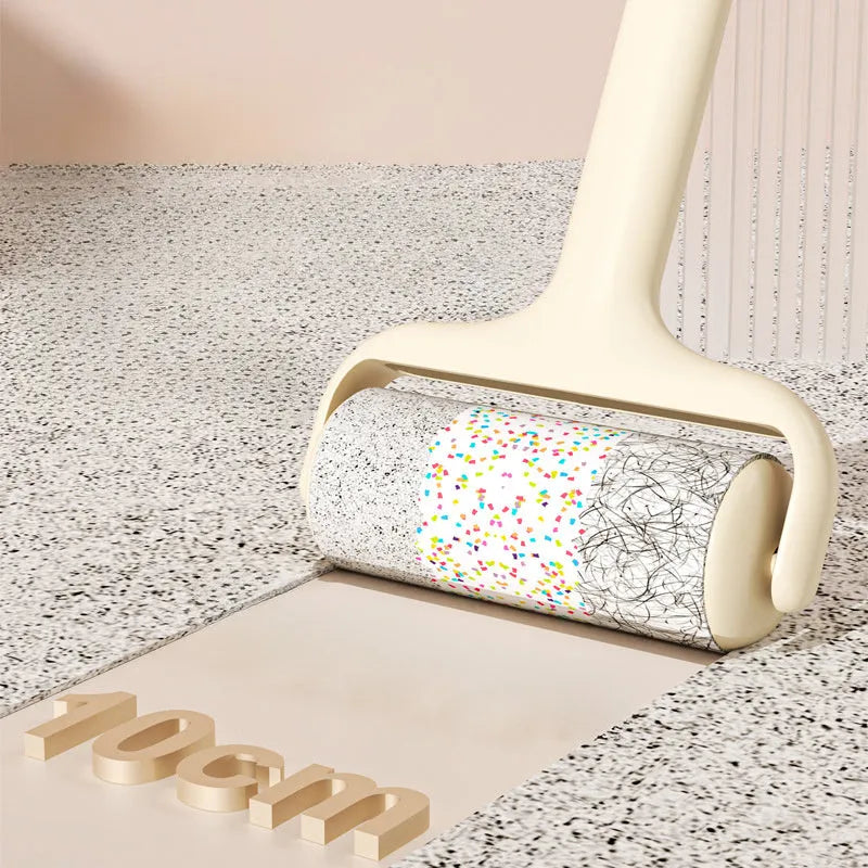 Sticky hair roller with high-viscosity adhesive paper, tear-type replacement sheets, in green colour on fabric