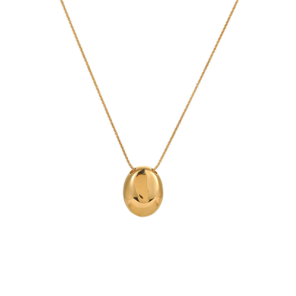 Gold-plated necklace with geometric pendant on stainless steel chain, showing 18K plating and adjustable length