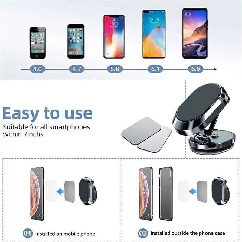 Chrome magnetic car phone holder with 360-degree rotation on dashboard