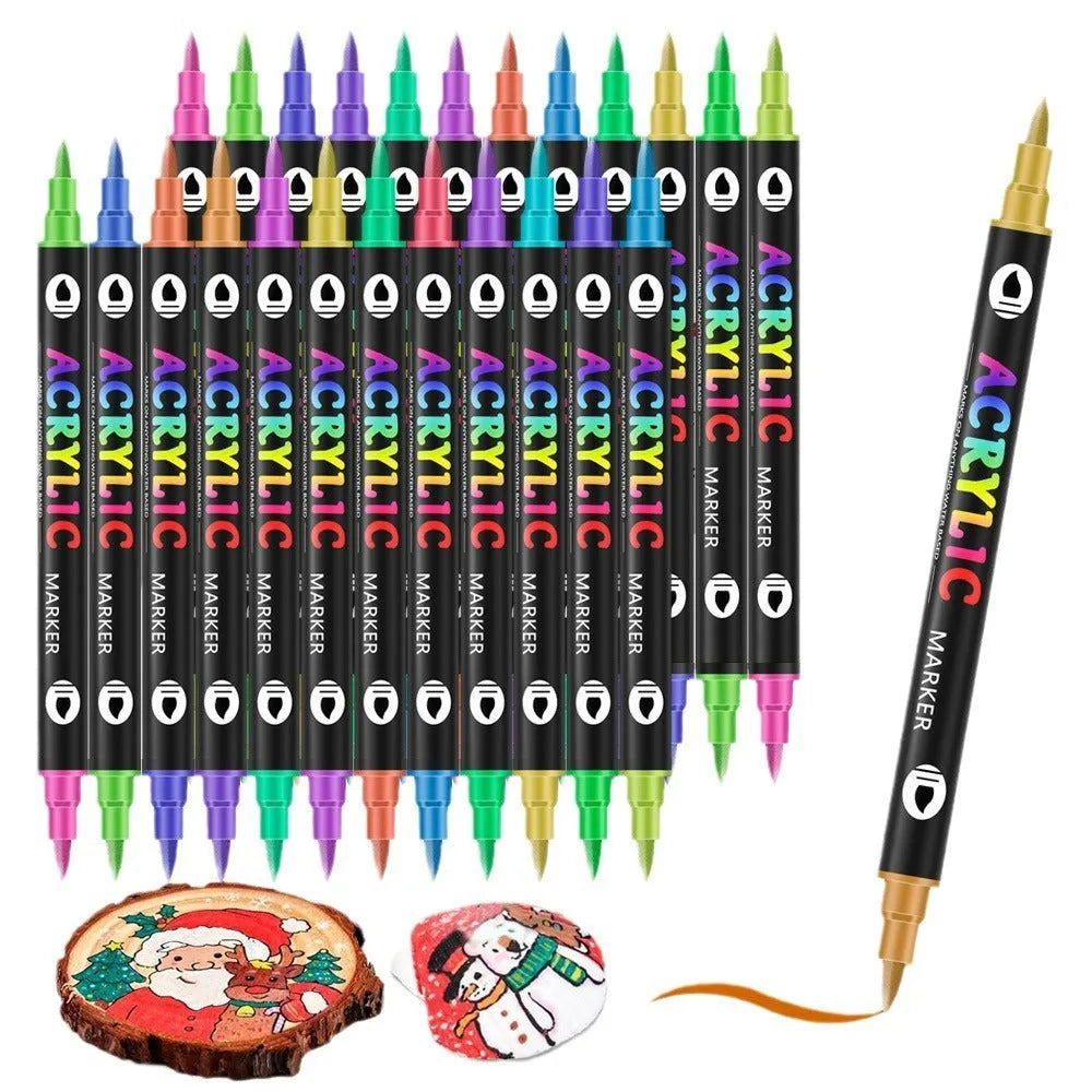 Set of double-headed acrylic marker pens showing broad and fine tips, in assorted opaque colours.