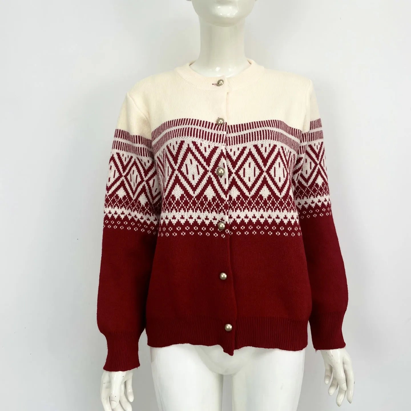 Women's long-sleeved contrast color diamond knitted alpaca wool cardigan free size