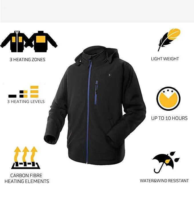 Black men's USB heated waterproof winter coat with straight hem and long sleeves shown on a hanger.