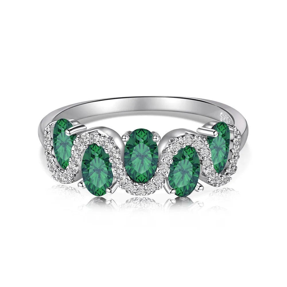 S925 sterling silver oval twisted ring with zircon inlay on white background, women geometric silver ring
