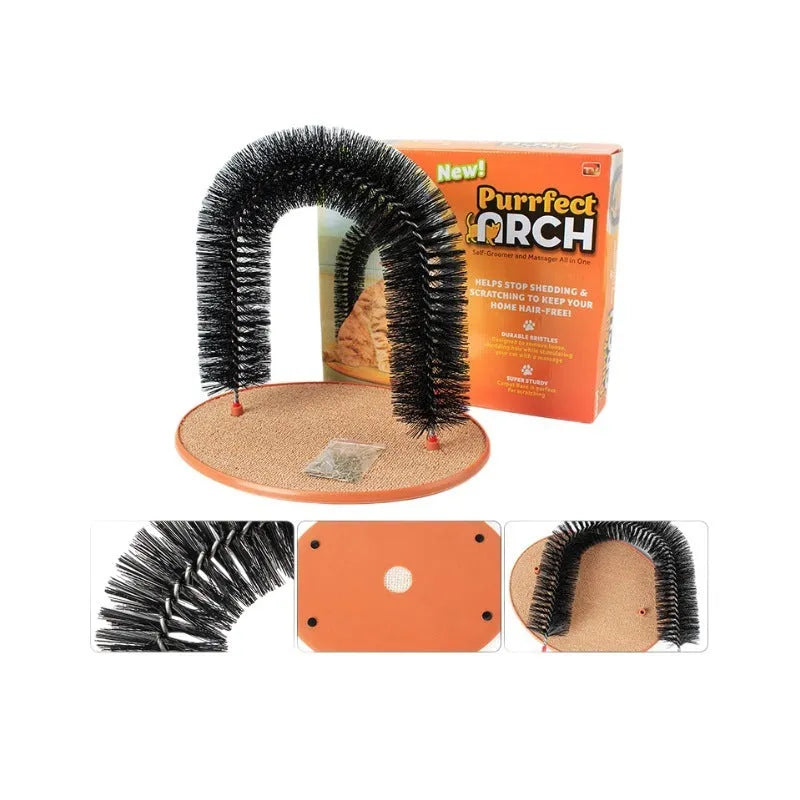 White plastic cat grooming arch scratcher with a central built-in brush panel.